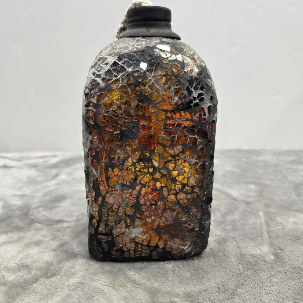 Mosaic Glass Oil Lamp Amber Orange Crackle Glass Decorative Bottle‎ with Wick